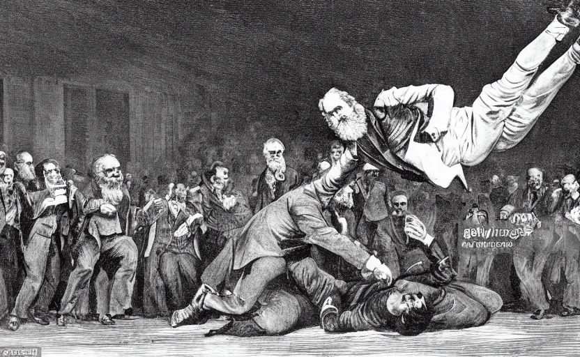 Image similar to Karl Marx as WWE wrestler suplexing Friedrich Nietsche on a WWE ring and the crowd goes crazy, sports photo, highly detailed