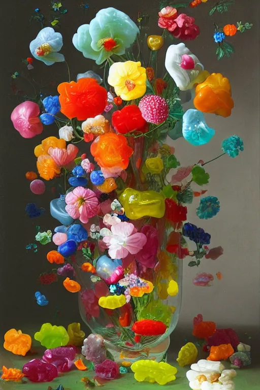 Image similar to painting of gummy flowers in a vase on a table, by rachel ruysch, pop surrealism, biomorphic, made of gummy bears flowers and jelly beans flowers, translucent gummy glowing delicious texture