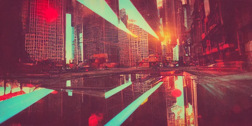 Prompt: analog vintage photography portrait polaroid of a futuristic chrome city, drone footage, lights, bright sunshine reflections, lensflare, red color bleed, heavy film grain, bloom, glow