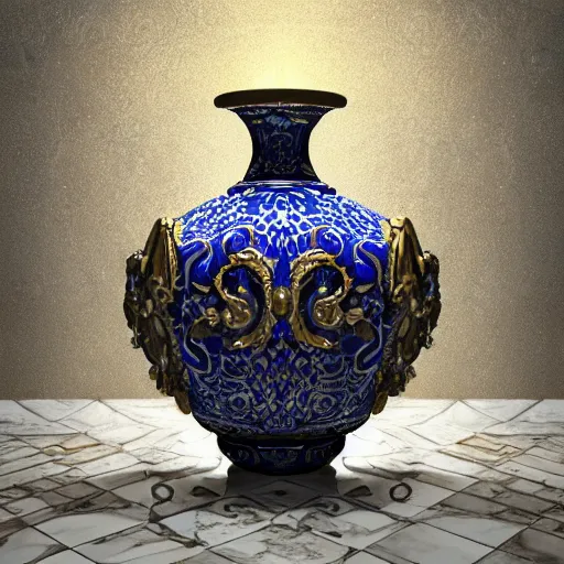 Prompt: An ornate baroque vase breaking on the marble tile floor, exploding into dust, dark-blue light-blue gold silver white black beige, volumetric dust rays, intricate detail, ultra realistic, cinematic lighting, moody, wet, shiny