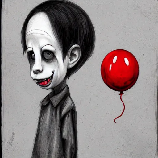 Prompt: surrealism grunge cartoon portrait sketch of billie eilish the mushroom man with a wide smile and a red balloon by - michael karcz, loony toons style, pennywise style, horror theme, detailed, elegant, intricate