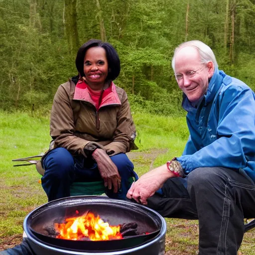 Prompt: camping in Wales with Richard Cheney and Condoleezza Rice. Condoleezza is burning the sausages on the camping stove