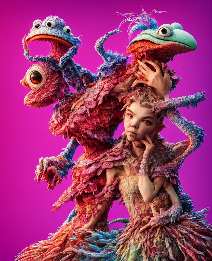 Image similar to hyper detailed 3d render like a Oil painting - kawaii portrait of two Aurora (a beautiful skeksis muppet fae princess protective playful expressive acrobatic from dark crystal that looks like Anya Taylor-Joy) seen red carpet photoshoot in UVIVF posing in scaly dress to Eat of the Strangling network of yellowcake aerochrome and milky Fruit and His delicate Hands hold of gossamer polyp blossoms bring iridescent fungal flowers whose spores black the foolish stars by Jacek Yerka, Ilya Kuvshinov, Mariusz Lewandowski, Houdini algorithmic generative render, golen ratio, Abstract brush strokes, Masterpiece, Edward Hopper and James Gilleard, Zdzislaw Beksinski, Mark Ryden, Wolfgang Lettl, hints of Yayoi Kasuma and Dr. Seuss, octane render, 8k