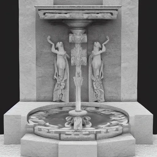 Image similar to design of a fountain, roman style, white color scheme, vivid lighting, photorealist, 4 k