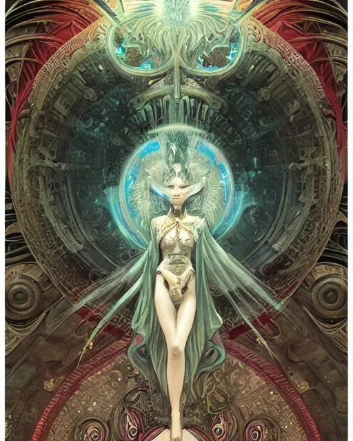 Image similar to centered portrait of a angry rotten beautiful alien growing ornamentation all around, ornate, ornaments, detailed, symmetrical, end of the world, elegant, beautifully soft lit, by wayne barlowe, peter mohrbacher, kelly mckernan, alphonse mucha