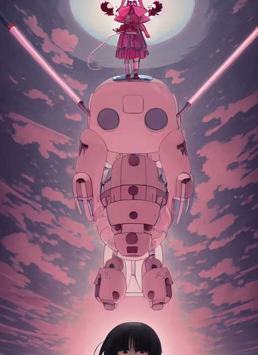 Prompt: Artwork by James Jean, Phil noto and hiyao Miyazaki; a young Japanese future samurai police girl named Yoshimi battles an enormous looming evil natured carnivorous pink robot on the streets of Tokyo; Japanese shops and neon signage; crowds of people running; Art work by studio ghibli, Phil noto and James Jean