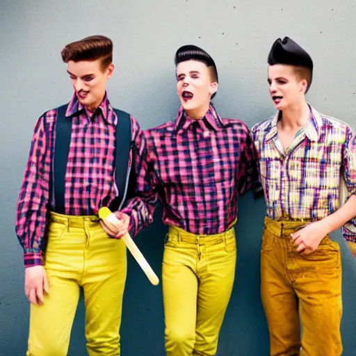 Image similar to three male teens wearing rockabilly outfits and eating yellow popsicles while looking around painting 8 k