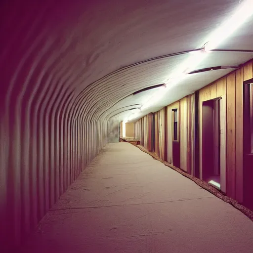 Prompt: noisy photograph of outside tiny homes in liminal underground, office ceiling panels, retrofuturism, brutalism, minimalist, cinematic, soft vintage glow