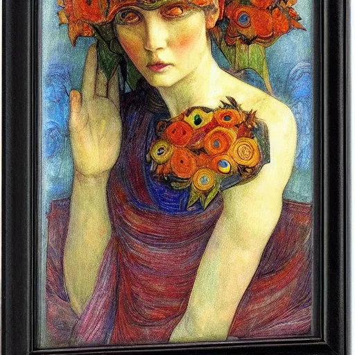 Prompt: the android in her flower mask, by Annie Swynnerton and Diego Rivera, symbolist, dramatic lighting, elaborate geometric ornament, Art Brut ,god rays, soft cool colors,smooth, sharp focus, extremely detailed, Adolf Wölfli