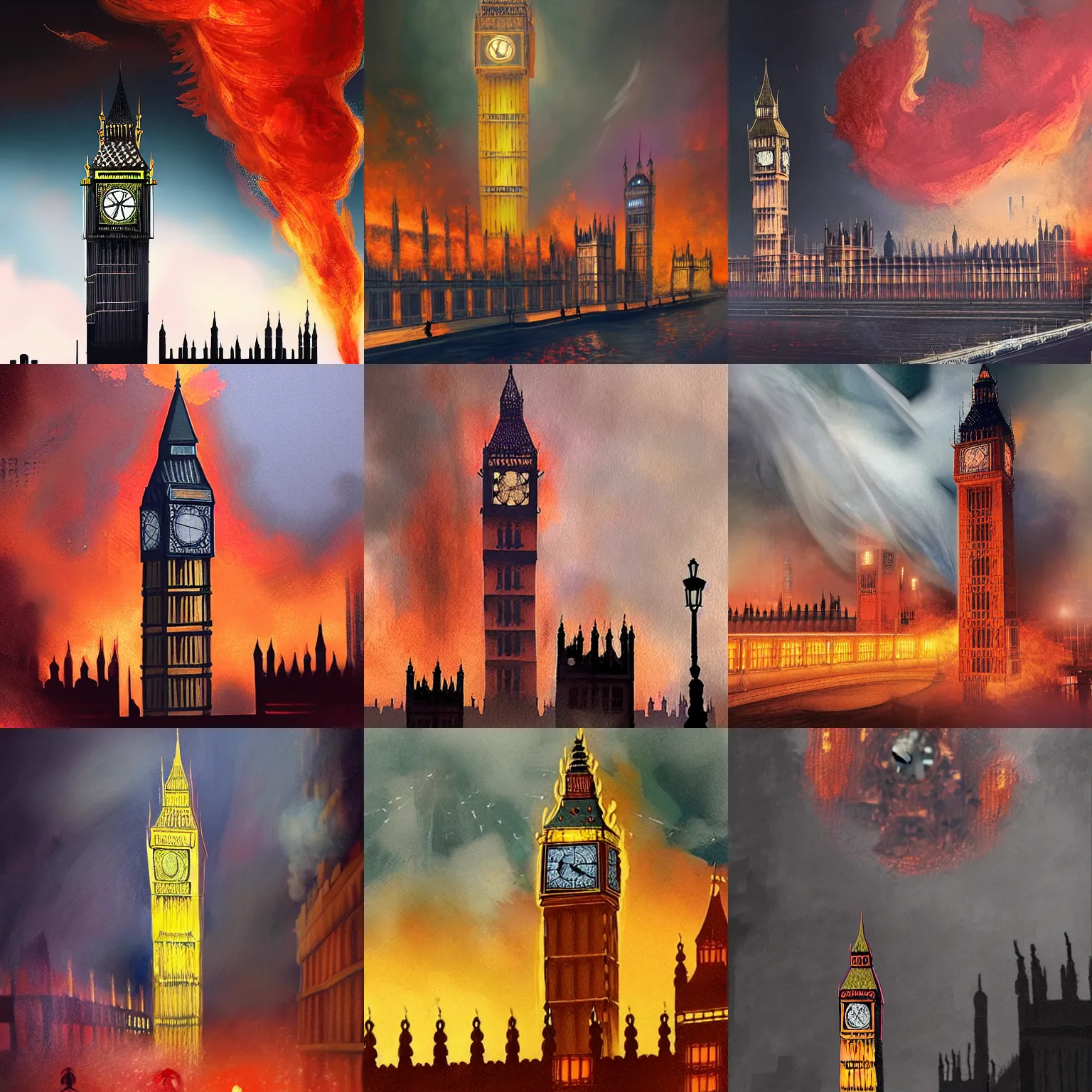 Prompt: big ben in london surrounded by fire and smoke, concept art by kamal ud - din behzad, featured on artstation, unilalianism, hellish, reimagined by industrial light and magic, lovecraftian
