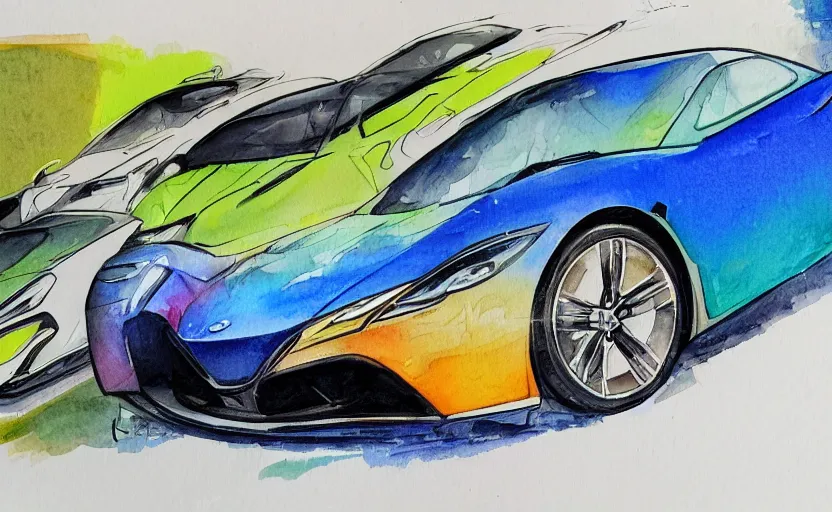 Image similar to colorful watercolor sketch of a sport car, highly detailded