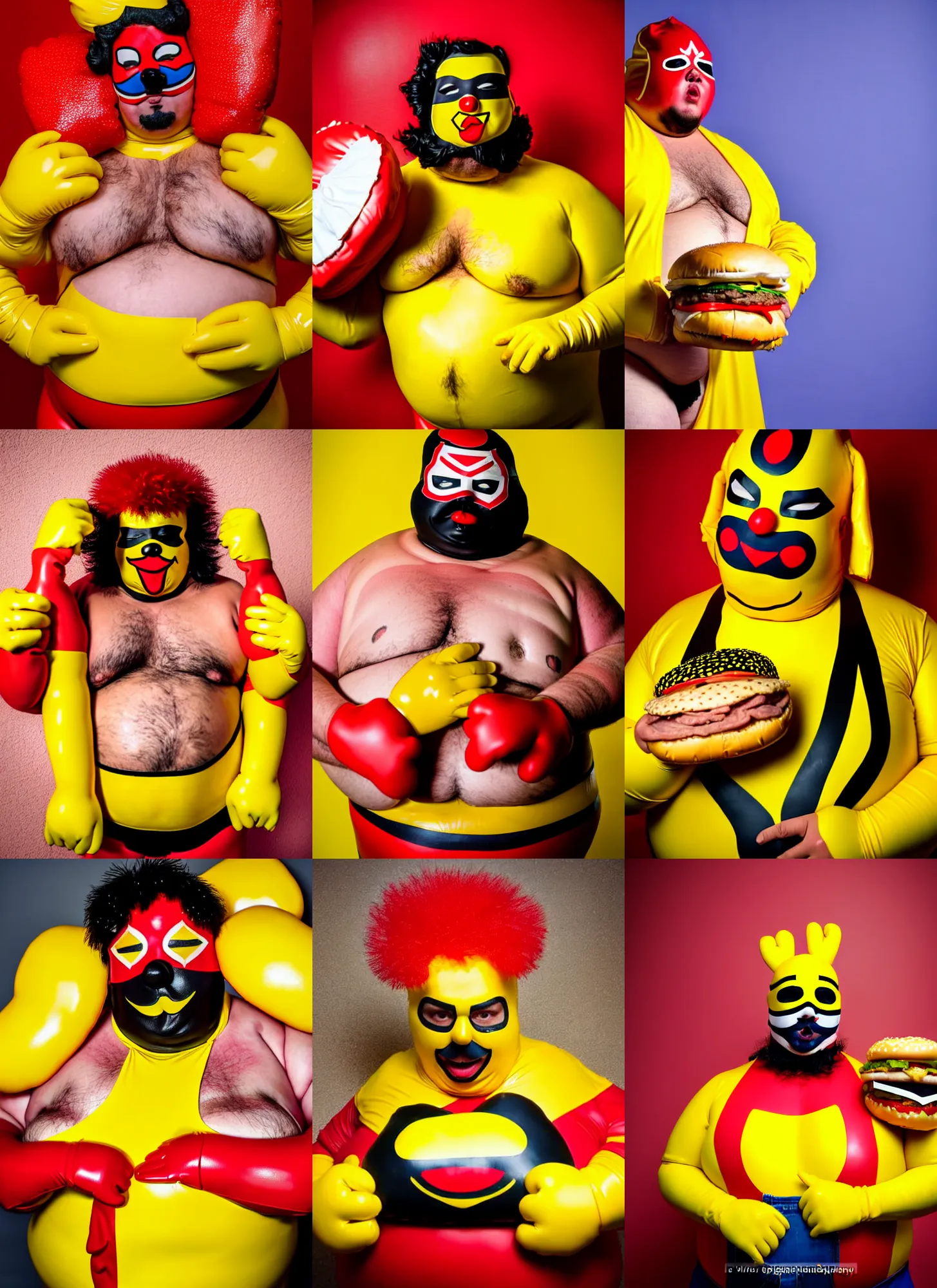 Prompt: wide angle lens portrait of a very chubby looking Lucha libre dressed in yellow and red rubber latex costume holding a huge hamburger, bare hairy chest, red Ronald McDonald hairstyle, yellow red striped latex gloves, photography inspired by Oleg Vdovenko