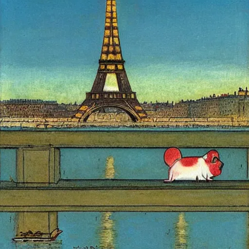 Prompt: A guinea pig in Paris at night, eiffel tower visible in the background, bridge across Seine visible in background, in the style of Carl Larsson