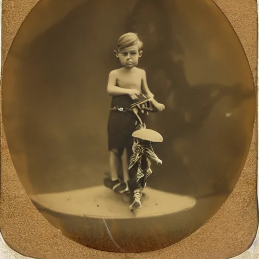 Image similar to tintype photo, boy rides a squid, underwater, jellyfish