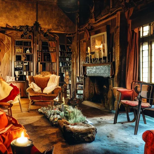 Image similar to A photograph of the Gryffindor common room, cozy arm chairs, a fire burning in the hearth, high ceilings, lit by many candles, light rays, magic aura, bloom, mysterious