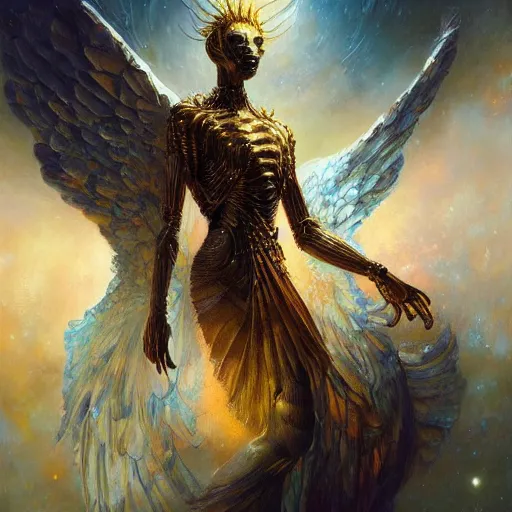 Image similar to UHD hyperrealistic photorealisitc, detailed cosmic robot with real angel wings, by Karol Bak, Greg Rutkowski and Adrian Ghenie, tonalism, rich deep colors masterpiece