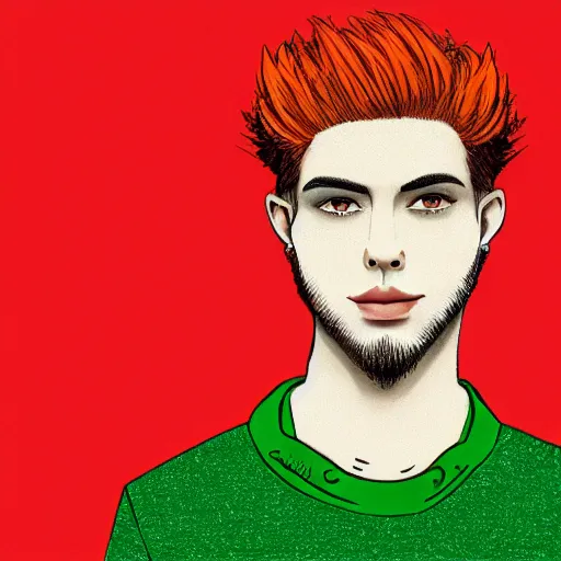 Prompt: digital art of a stylish young man with red hair and green cat - like eyes, popular, famous, attractive, high quality, highly detailed, hd, 4 k, 8 k,