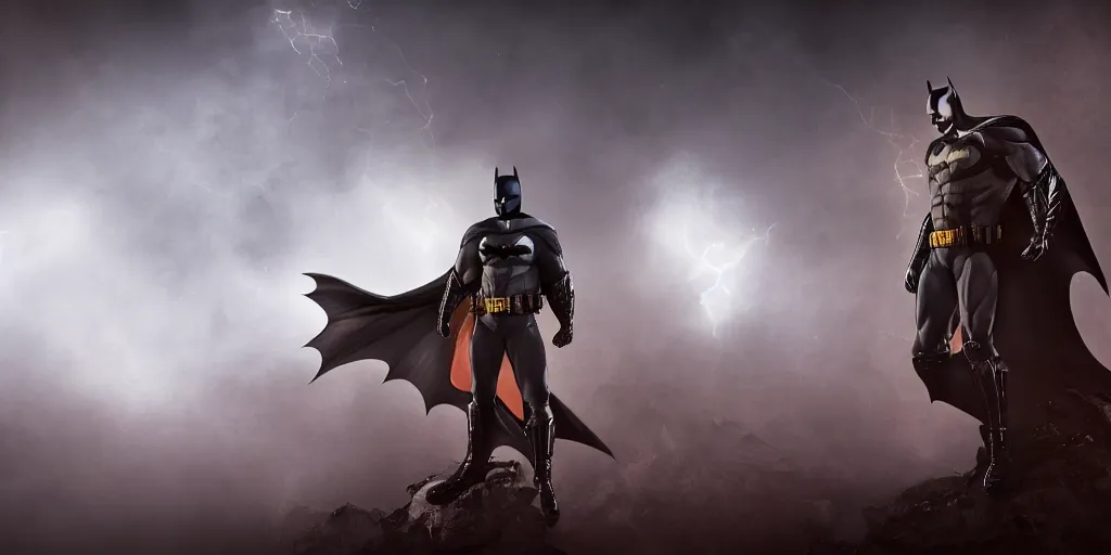 Prompt: batman in Rococo-inspired costume stands reborn in the glow, redscale photography, light through the mist, dramatic lighting, photorealistic, cinematic lighting, high detail, cinematic feel, high octane, 4K, Unreal Engine, digital render, intricate, ultra realistic, surrealist