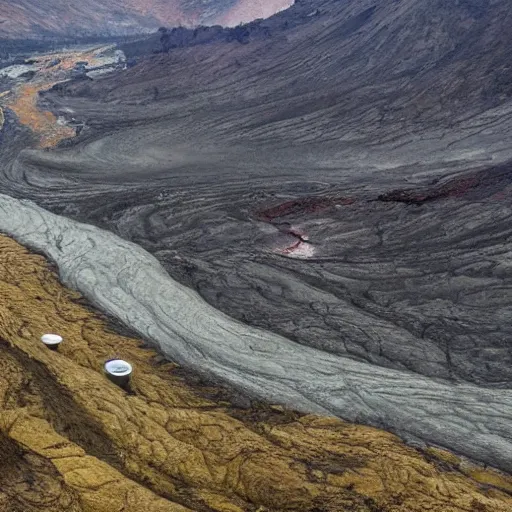 Image similar to a panoramic landscape with a stream of lava flowing down the valley. From the hills many KFC buckets on sticks are poking out on different angles