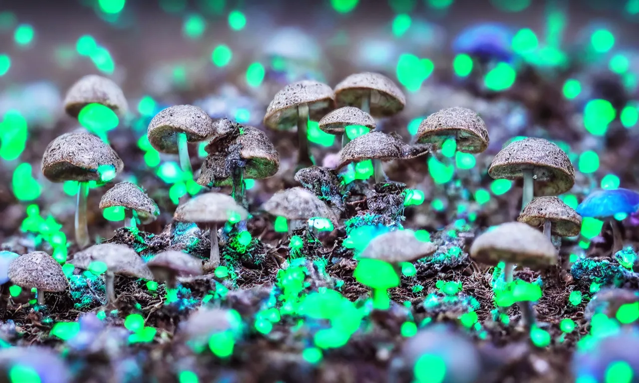 Image similar to a macro shot of bioluminescent mushrooms, dof, 4k, bokeh, acid pixie acid pixie