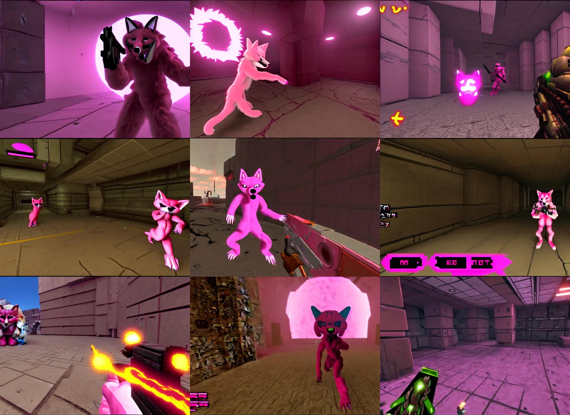 Prompt: pink fox furry fursuit in a screenshot of the video game doom, weapon pov, the furry fursuit is running