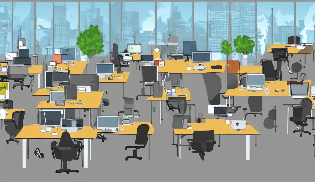 Image similar to a cartoon drawing of an office with desks chairs computers and other office equipment
