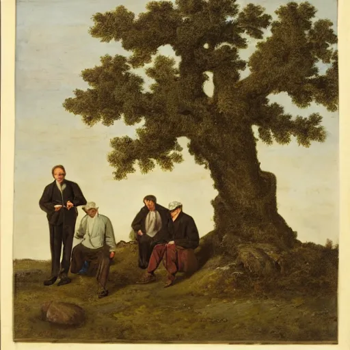 Prompt: 4 men resting by an oak tree