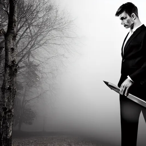 Image similar to man in strict suit, one man, an indifferent face, house on background, bloody knife, blood on body, full body, little fog, evening, extremely detailed, sharp focus, professional photographer, professional model