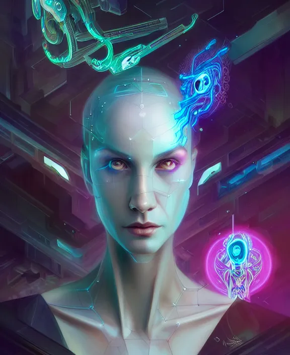 Image similar to a whirlwind of souls rushing inside the metaverse, hologram, half body, neurochip, shaved temple, piercing, jewelry, android, cyborg, cyberpunk face, by loish, d & d, fantasy, intricate, elegant, highly detailed, colorful, digital painting, artstation, concept art, art by artgerm and greg rutkowski and alphonse mucha