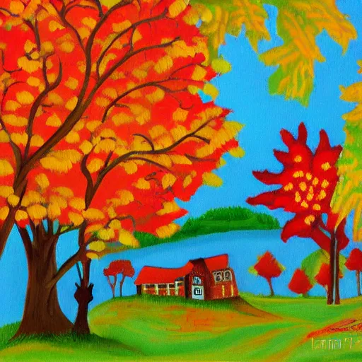 Prompt: naive art autumn villlage