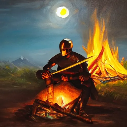 Prompt: an oil painting of a knight, sitting by a campfire at night, highly detailed