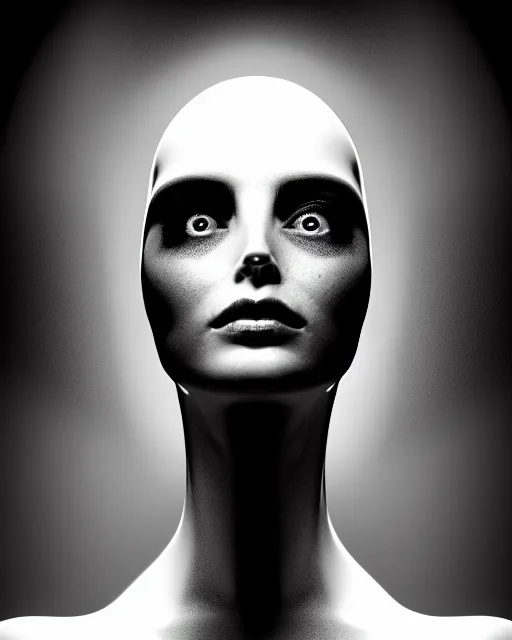 Image similar to black and white cyborg-plant goddess high quality photo, artificial intelligence, bio-mechanical bio-luminescence, artificial spider web, neurons, nerve cells, octane render, cinematic, rim light, hyper realism, photo-realistic, high detail, 8k, in the style of Steven Meisel and Dora Maar and H.G. Giger