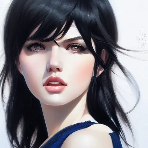 Prompt: portrait of beautiful young woman with black-hair and bangs, highly detailed, digital painting, artstation, concept art, sharp focus, illustration, art by ilya kuvshinov, krenz cushart, Greg Rutkowski