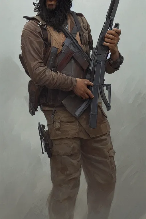 Prompt: male cottagecore taliban leader holding a kalashnikov rifle. intricate, elegant. highly detailed, digital painting, artstation, concept art, smooth, sharp, focus, illustration.. art by artgerm and greg rutkowski and alphonse mucha