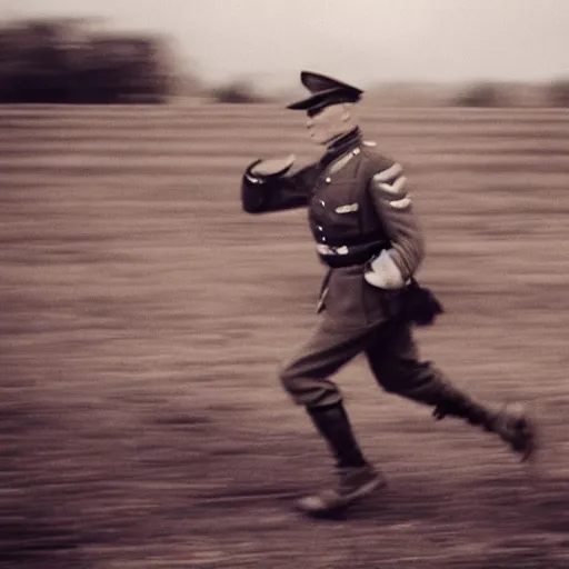 Prompt: a german officer holding his officer cap, movement blur, he is running across a dirt field, taken on a ww 2 camera, realistic.
