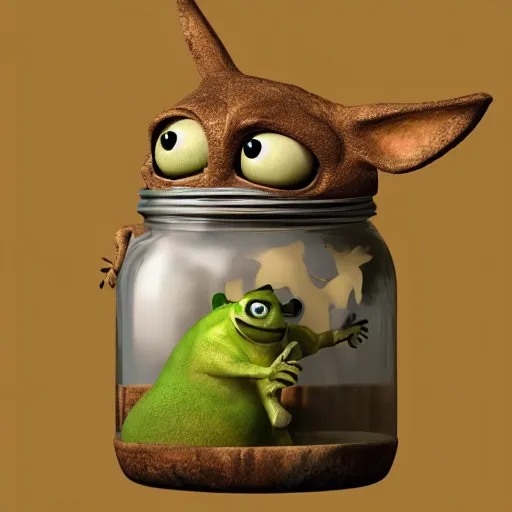 Prompt: cutie creature in a jar, digital art, 3 d, maya render, masterpiece, mega detailed, pixar, disney, vivid illustration, fantasy