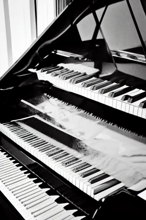 Image similar to Close-up of a piano, black gloss, keys, dark room, light from the window falls on the piano keys, dust is in the air, realistic, photo 35mm, Kodak 35mm, photorealistic, 8K, 8K resolution, 4K, high quality, Super-high quality, hyperrealistic