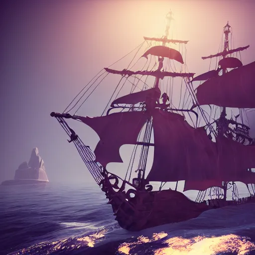 Image similar to ghost pirate ship with a pirate on the foreground, highly detailed, photorealistic portrait, bright studio setting, studio lighting, crisp quality and light reflections, unreal engine 5 quality render