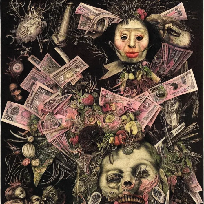 Image similar to post - punk new age album cover, asymmetrical design, dollar bank notes, capitalism, magic, apocalypse, psychedelic, black white pink, highly detailed, magic, giger h. r., giuseppe arcimboldo