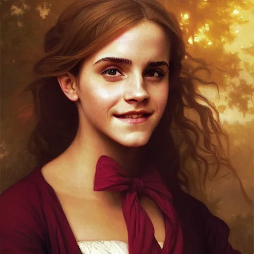 Image similar to Painting of Emma Watson as Hermione Granger. Wearing Hogwarts!!! robes!!!. Smiling. Happy. Cheerful. Art by william adolphe bouguereau. During golden hour. Extremely detailed. Beautiful. 4K. Award winning.