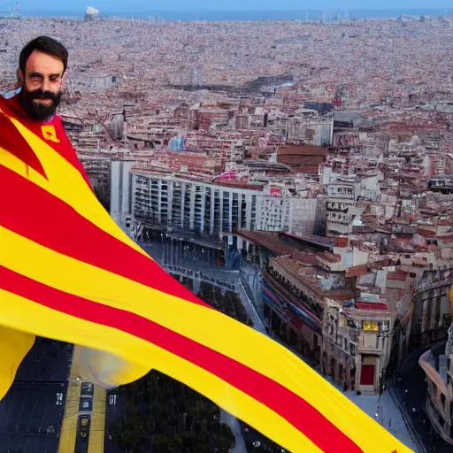 Image similar to santigo abascal flying over barcelona wearing a red and yellow cape