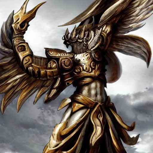 Prompt: a winged god wearing white armor