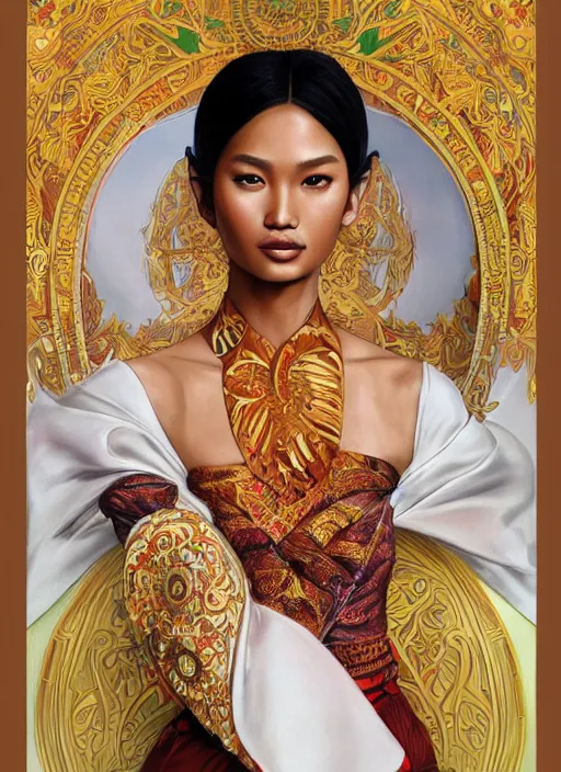 Image similar to portrait of an indonesian supermodels wearing traditional costume, highly detailed, digital painting, artstation, concept art, sharp focus, illustration, art by artgerm and james gurney and alphonse mucha