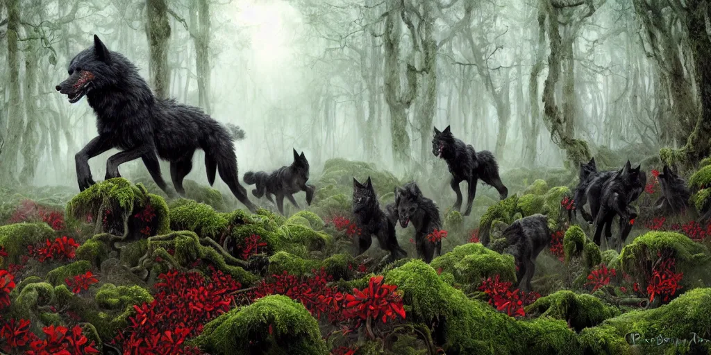 Prompt: a vast horde of massive black wolves, with red eyes, galloping through a mossy green forest of tangled ancient trees and red flowers, by paul bonner, james gurney and andreas rocha, magic hour