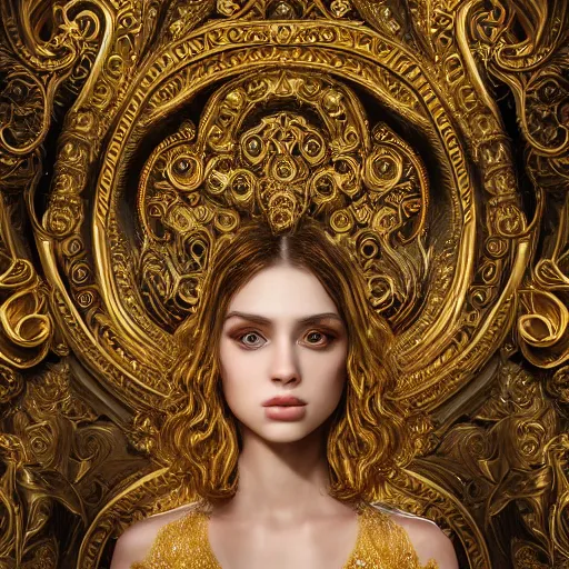 Image similar to wonderful princess made of golden marble, beautiful face, hyper detailed, flowing psychadelic background intricate and detailed, ornate 8 k gorgeous intricate detailed, octane render