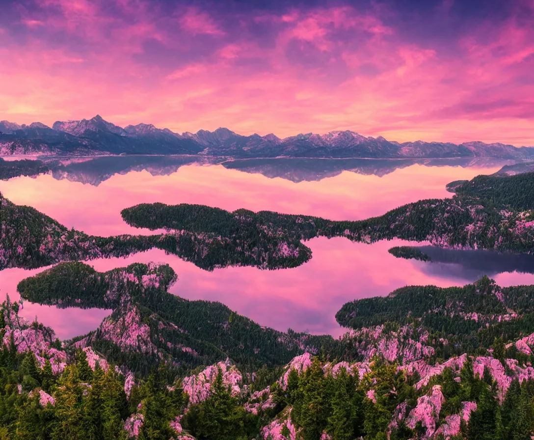 Prompt: wide angle, majestic mountains, beautiful lake, lush landscape, pink sky, sunset, 8k, sharp focus, artstation