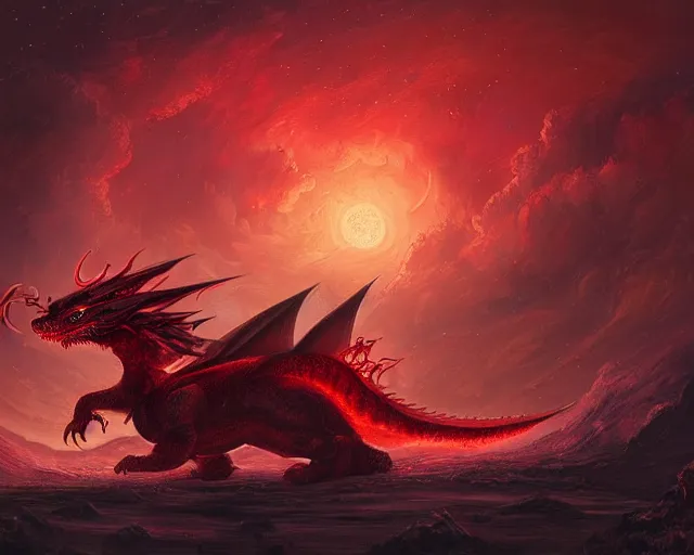 Image similar to red shivan dragon against starry night, illustration, by ( kieran yanner ) ( miranda meeks ) ( anna podedworna ) ( cristi balanescu ), digital art