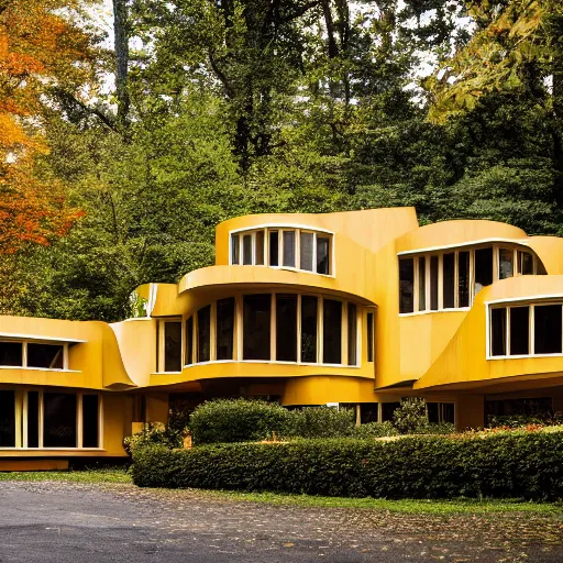 Prompt: architecture ad for a big mid-century modern house in the middle of the wood designed by frank gehry. grain, cinematic, colorized, yellow hue.