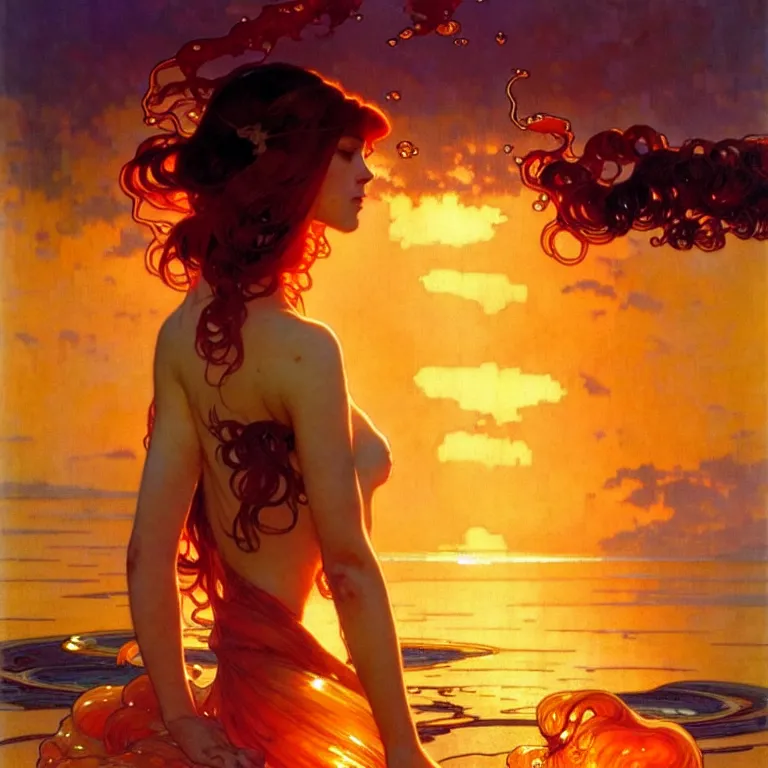 Image similar to sea of glossy liquid honey drops flowing like translucent amber, backlit, sunset, refracted lighting, art by collier, albert aublet, krenz cushart, artem demura, alphonse mucha