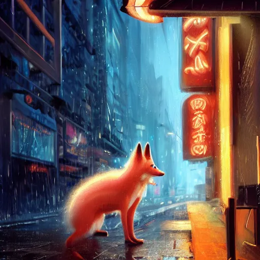 Image similar to white - furred anthropomorphic female vulpes vulpes fulva, eating noodles, in the rain by a noodle kiosk, in crowded and wet street of a city, cyberpunk, harsh neon lights, highly detailed, digital painting, trending on artstation, concept art, sharp focus, illustration, art by artgerm and greg rutkowski and magali villeneuve